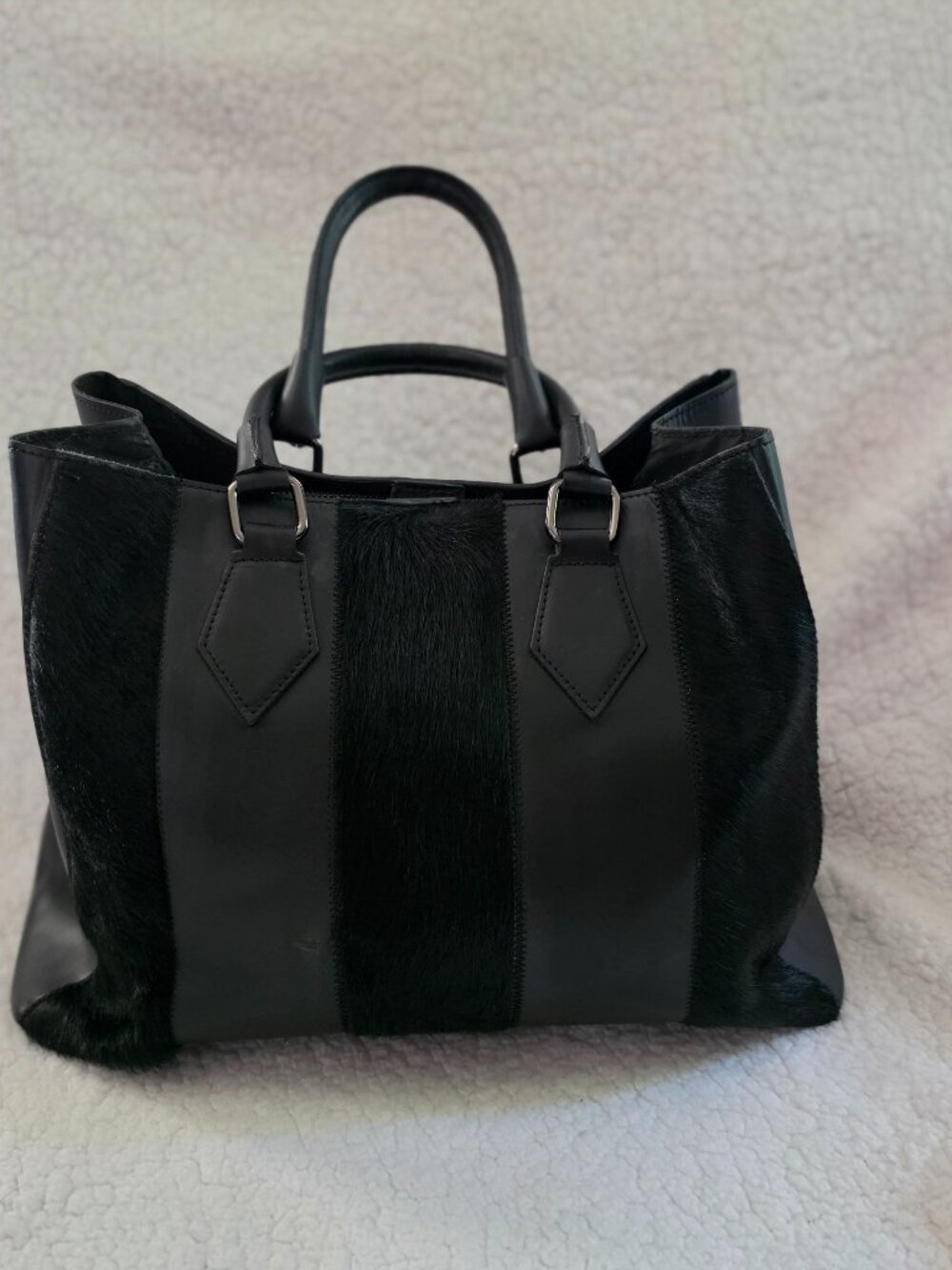 A. Bellucci Italy Black Leather and Black Calf Hair Handbag